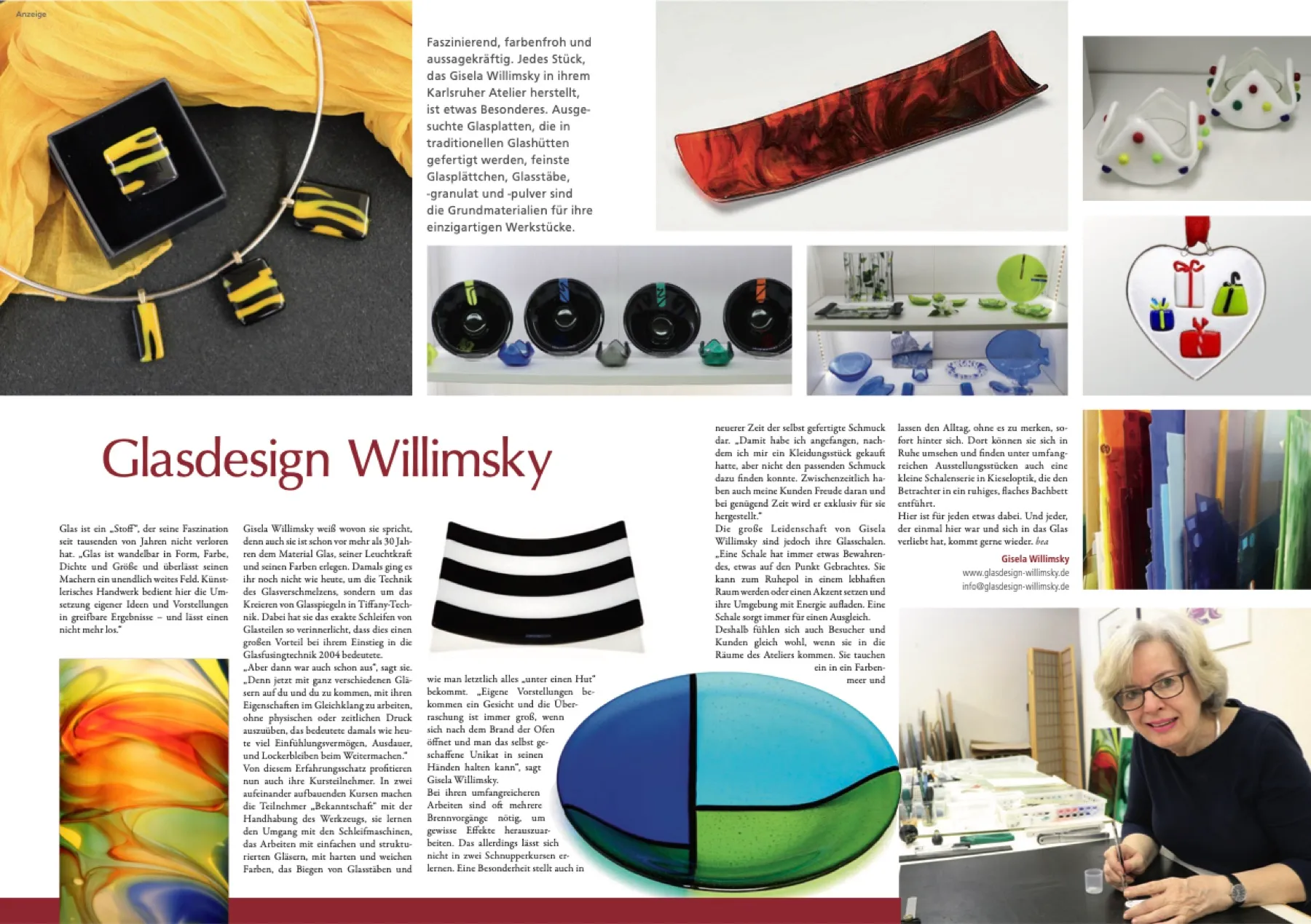 Doppelseite der Zeitschrift LebensArt über Glasdesign Willimsky mit Schmuck, Schalen und einem Foto der Künstlerin im Atelier